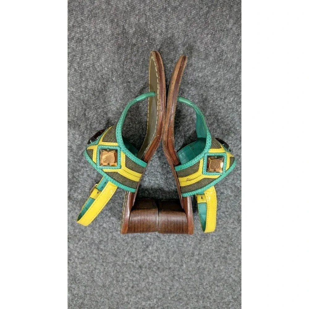 Tory Burch Sandals Womens 6M Green Yellow Boho Jewels Embellished Wearable Art